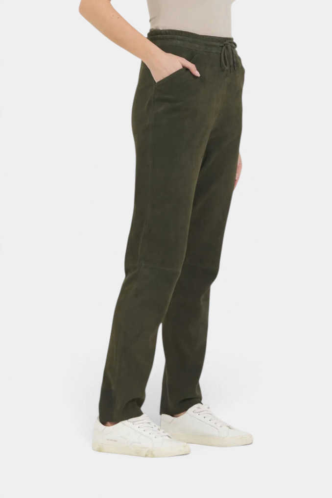 The Copper Shed Kyle jogger pants in dark olive suede with an elastic drawstring waist and side pockets