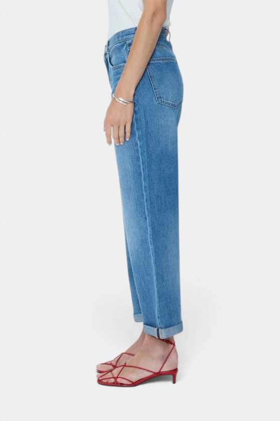 The Copper Shed Donny boyfriend jeans in light indigo wash with a high rise, wide leg, and double rolled cuff.