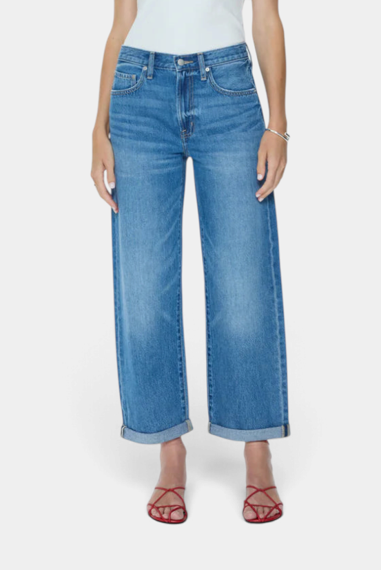 The Copper Shed Donny high-rise boyfriend jeans in light indigo wash with a wide leg and double rolled cuffs.