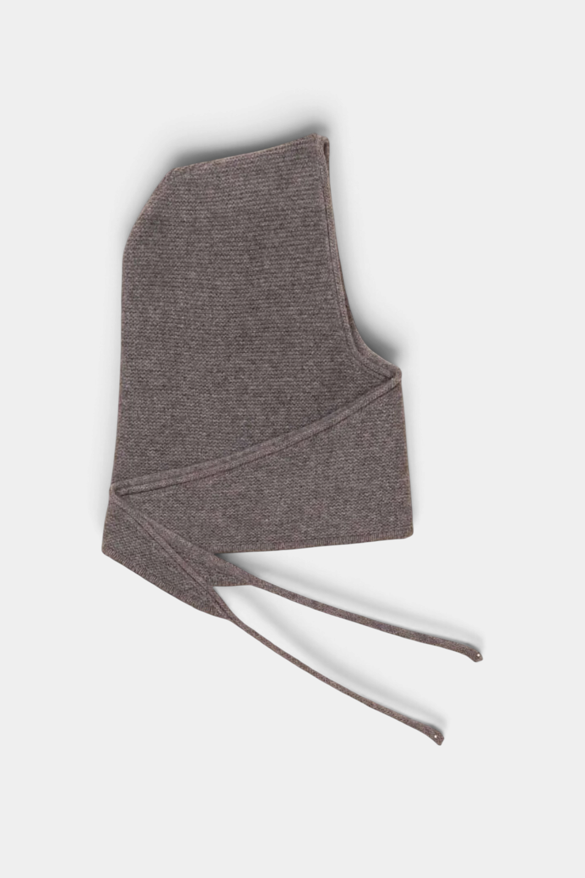 The Copper Shed Eden hooded scarf in soft taupe organic cashmere with adjustable tie closures.