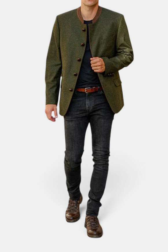 The Copper Shed Edward classic Austrian jacket in olive green wool with a suede mandarin collar and leather buttons.