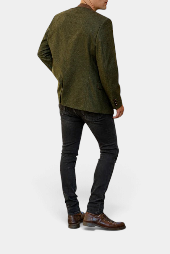 Back view of The Copper Shed Edward classic Austrian jacket in olive green wool with a suede mandarin collar.