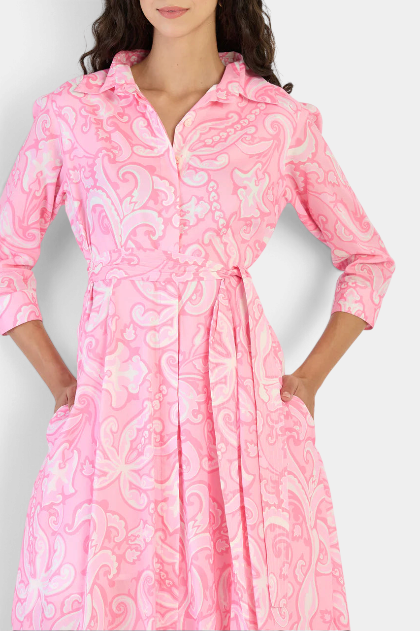 The Copper Shed Emily shirt dress in pink cotton voile with a patterned print, 3/4 sleeves, and a waist-cinching belt.