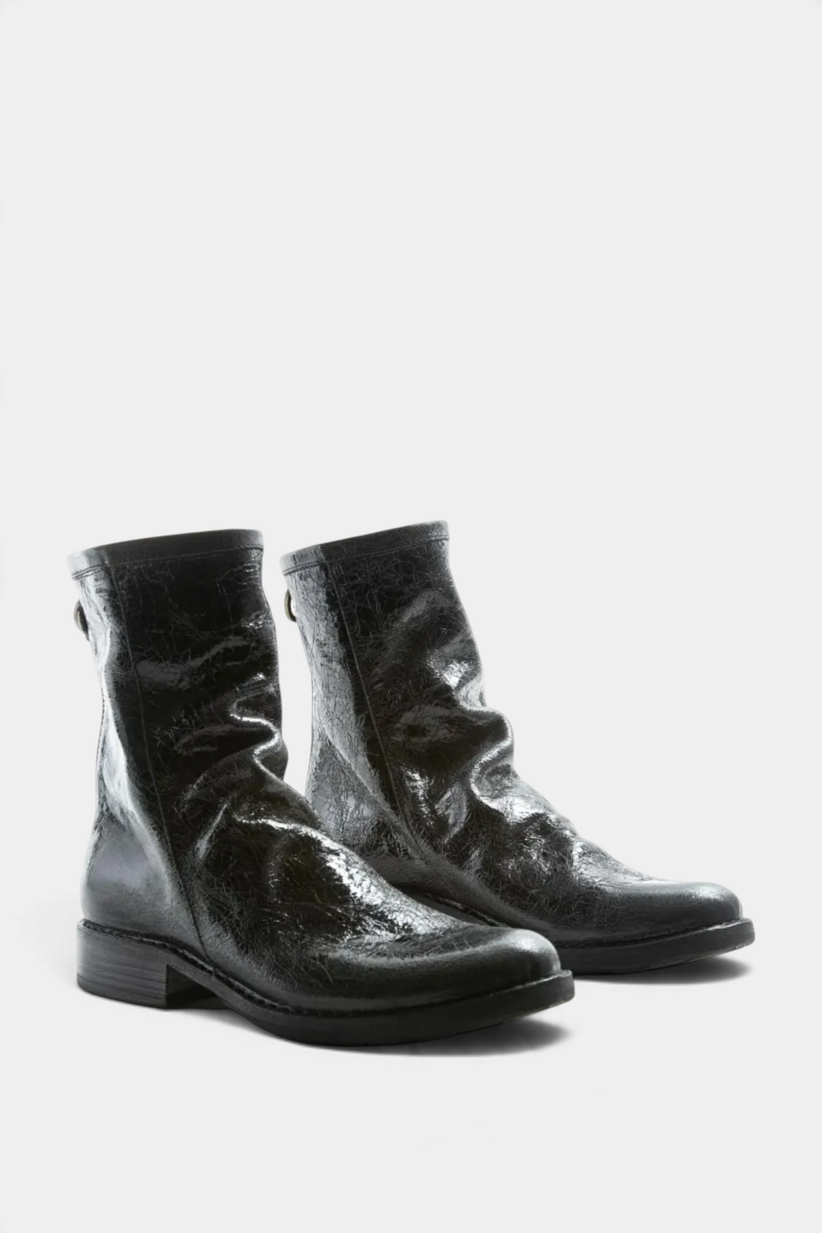 The Copper Shed EVEN black distressed leather ankle boots with a ruched vamp, rear zip, and 3cm stacked heel.