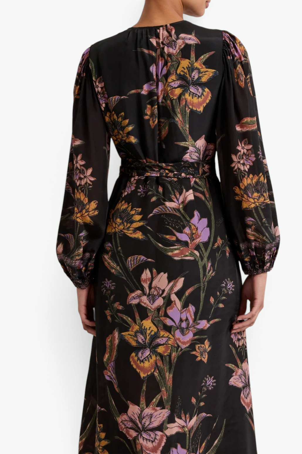 Back view of The Copper Shed Everette wrap dress in navy viscose with a floral print and dramatic puffed sleeves.