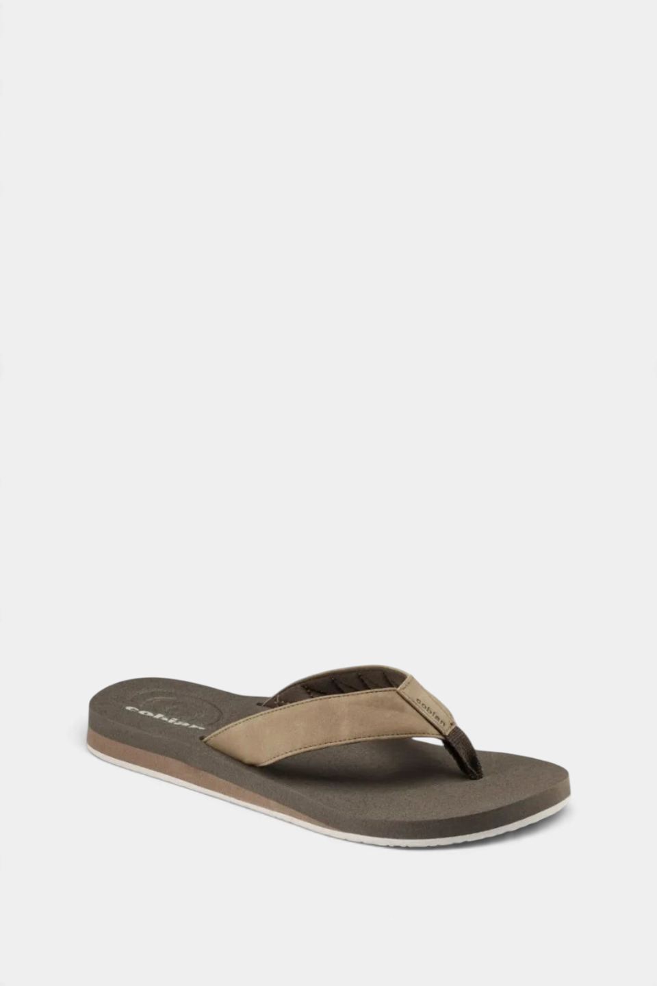 The Copper Shed Floater 2 beach flip flop with a tan padded strap and dark brown brushed EVA footbed.