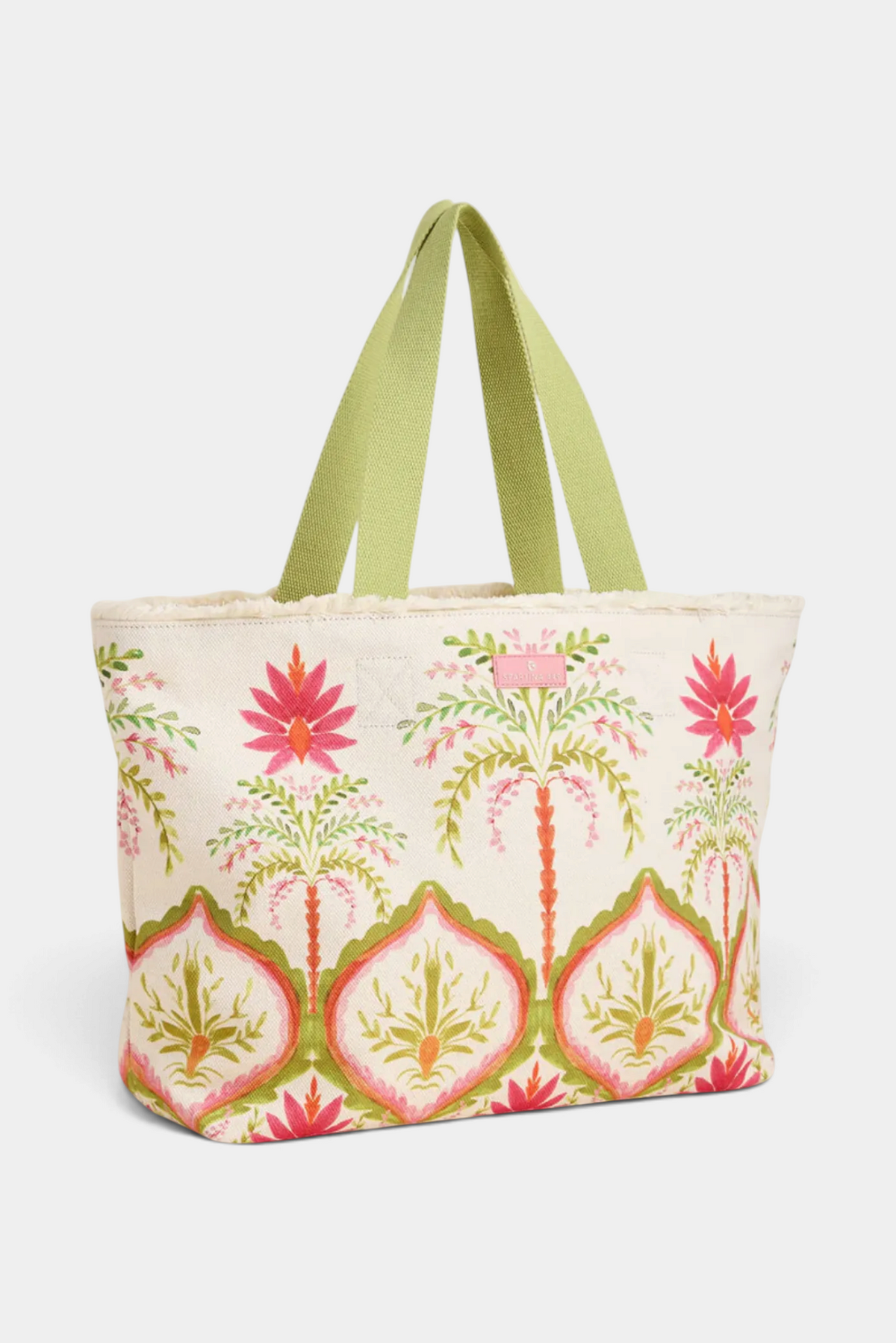 The Copper Shed Castillo floral palm print cotton beach tote with green webbed straps and fringe trim