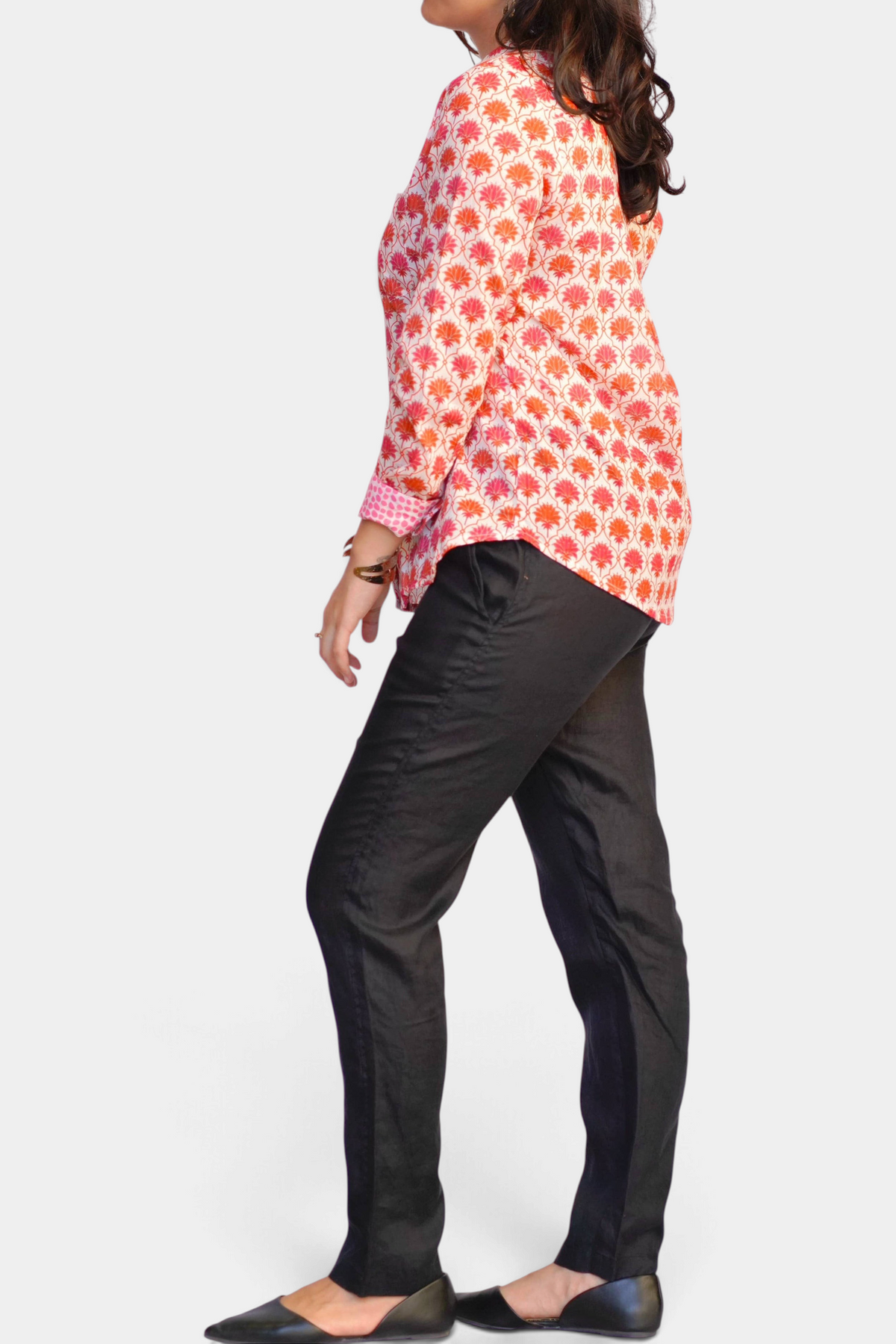 The Copper Shed Frannie long sleeve cotton shirt with orange and pink floral block print and contrasting cuffs