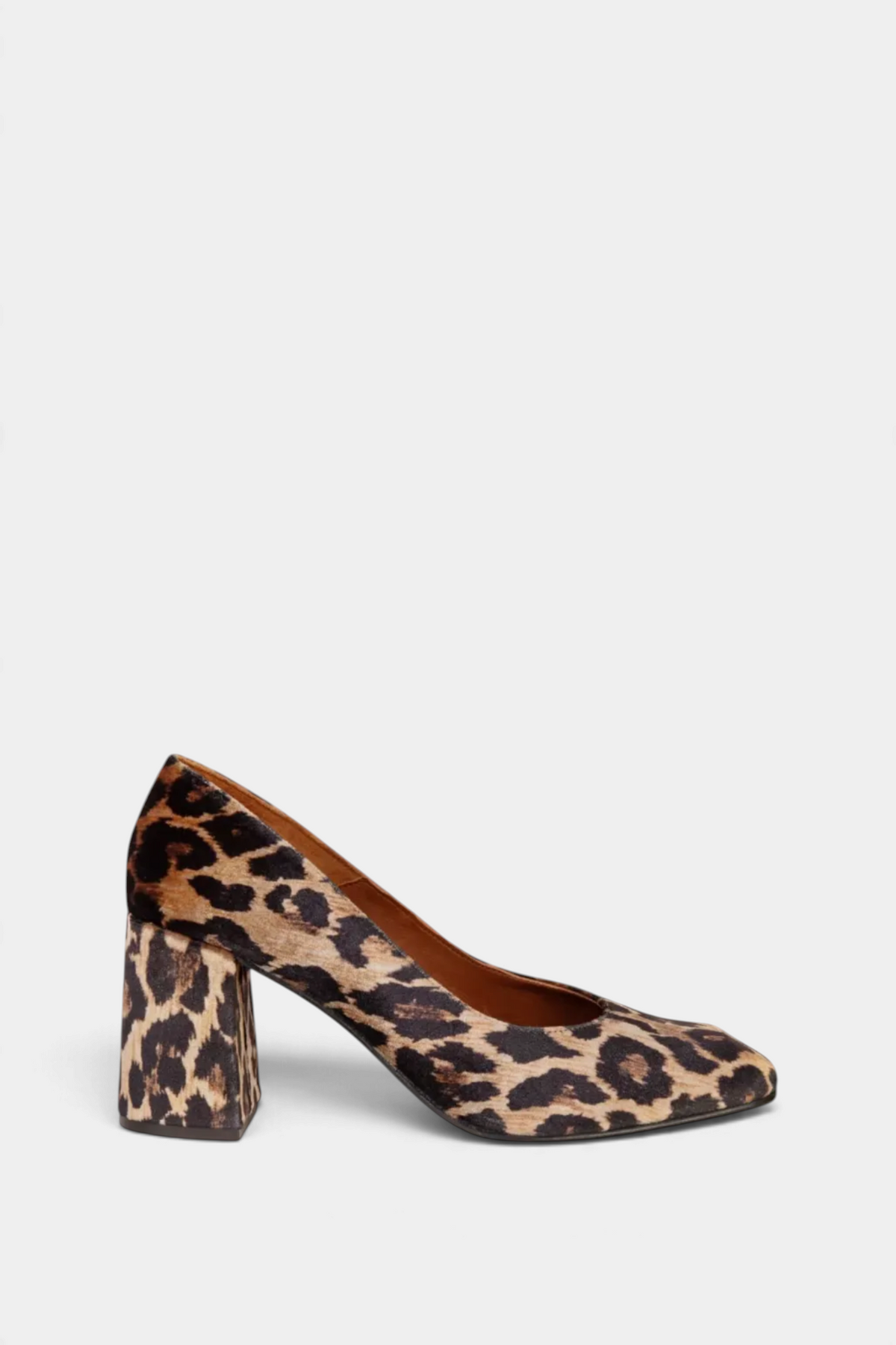 The Copper Shed Gamine velvet block heel shoes in a brown and black leopard print pattern with a leather sole.