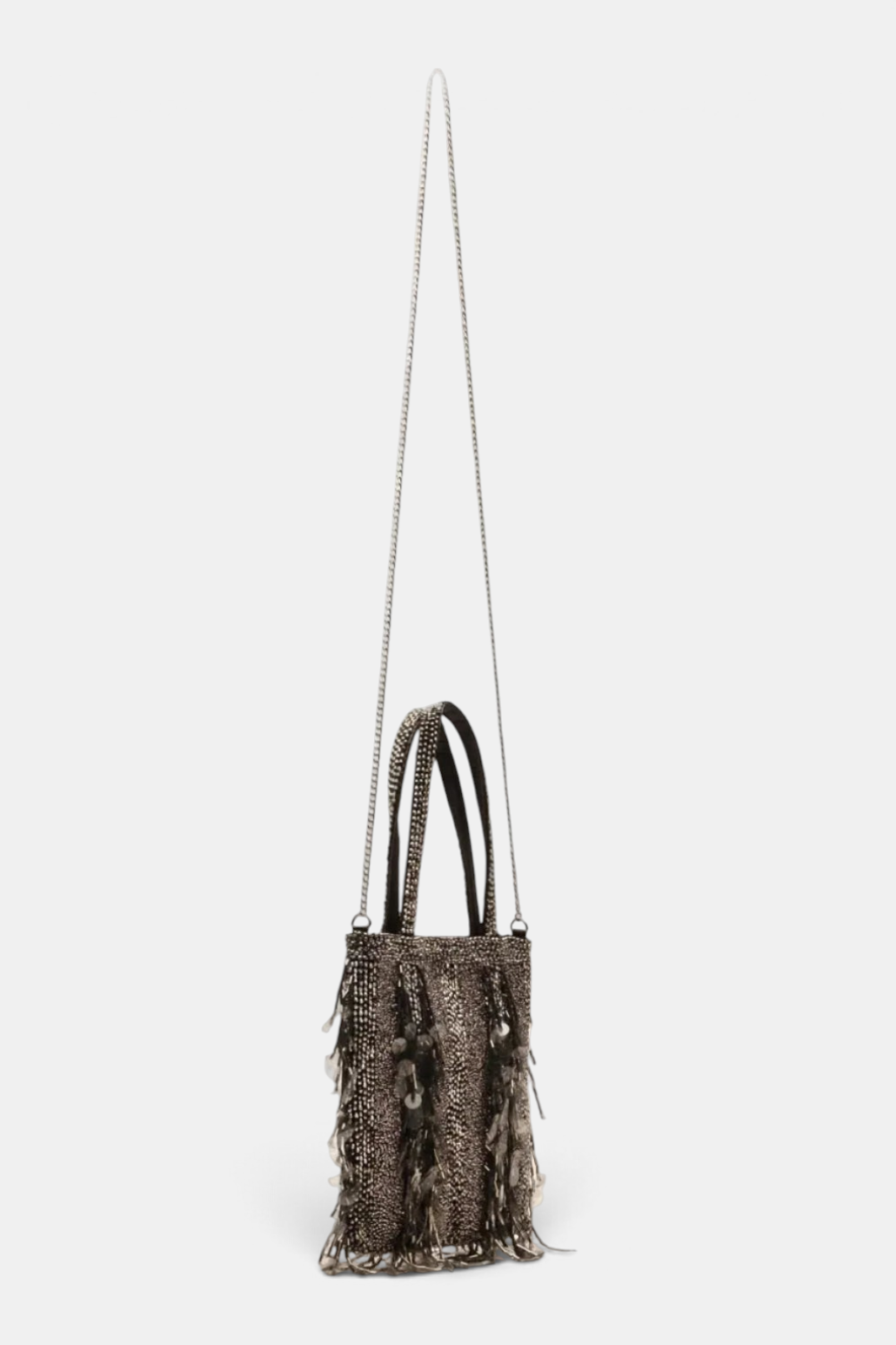 The Copper Shed Gatsby Mini Tote featuring silver sequins, bead embellishments, and a delicate chain cross-body strap.