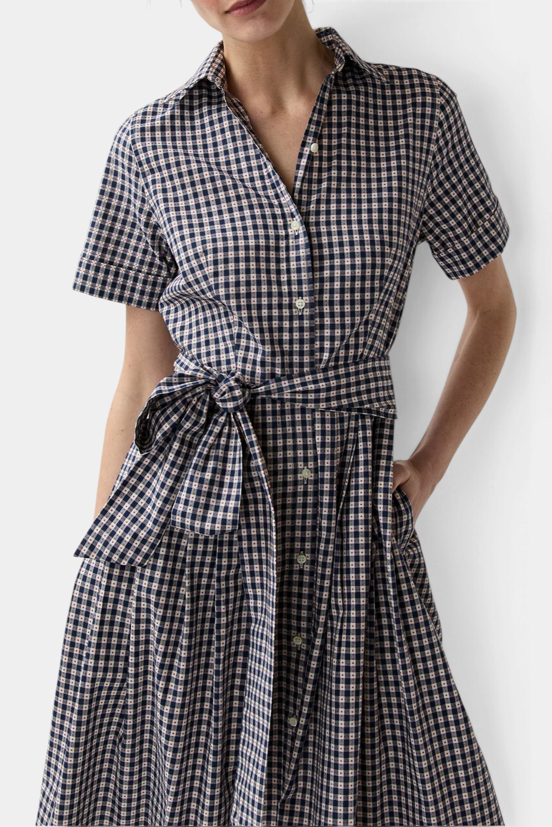The Copper Shed gingham shirtwaist maxi dress in embroidered Japanese cotton with a self-belt and short sleeves.