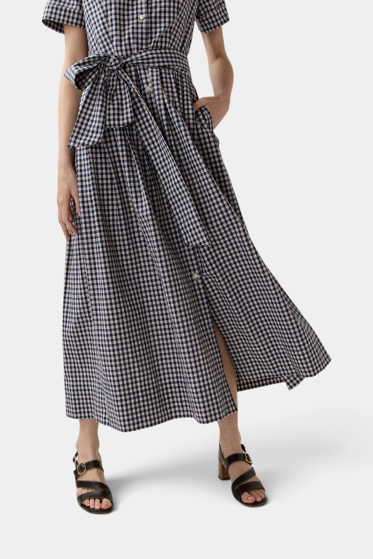 The Copper Shed short-sleeved gingham shirtwaist maxi dress in embroidered Japanese cotton with a self-tie belt.