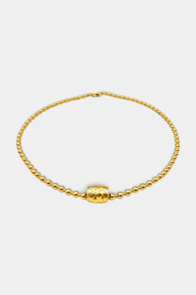 The Copper Shed 14k gold filled necklace with 4mm and 2mm beads and a textured barrel clasp, 16-inch length.