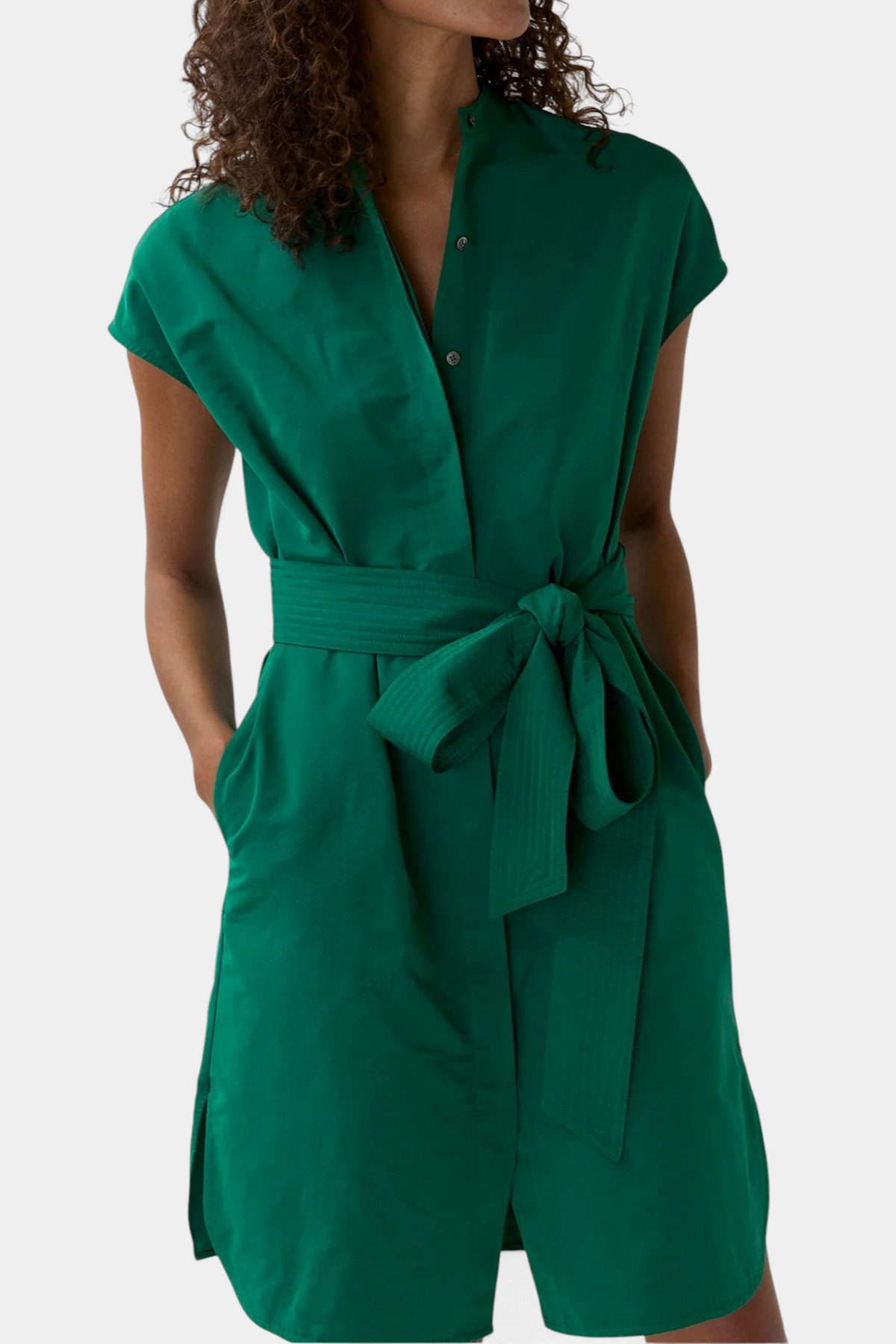 The Copper Shed green Italian faille shirtdress with cap sleeves, covered placket, and trapunto-stitched obi sash belt.