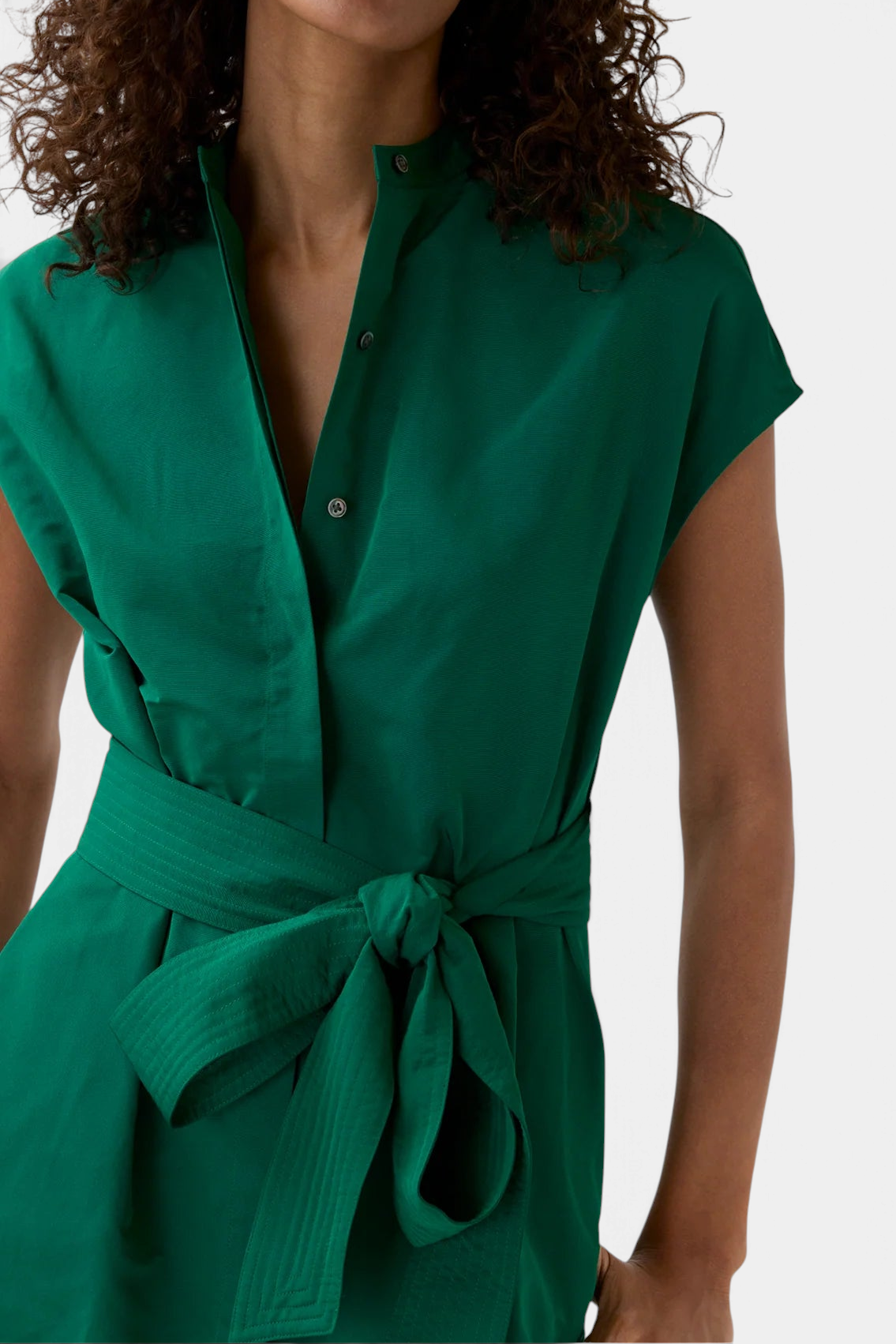 The Copper Shed green Italian faille shirtdress with cap sleeves, covered placket, and trapunto-stitched obi sash.
