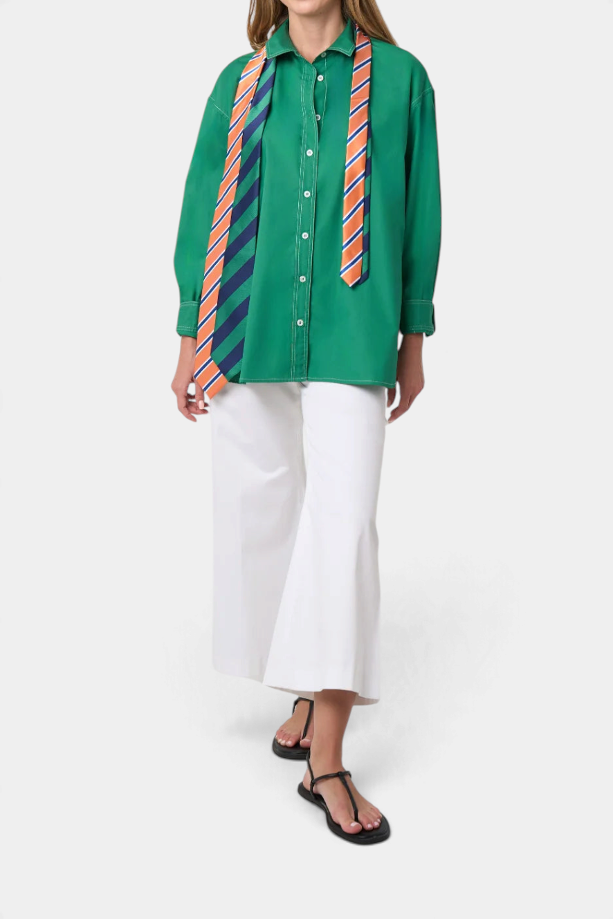 The Copper Shed Ricky Relaxed green cotton poplin button-down shirt with white topstitching and striped neck scarf