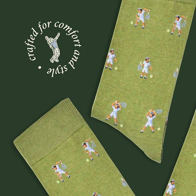 The Copper Shed green cotton-blend novelty socks featuring a repeating pattern of tennis players in action.