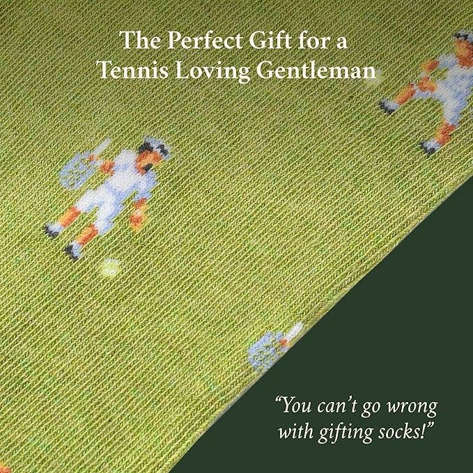 The Copper Shed green cotton novelty socks featuring a tennis player pattern for tennis fans