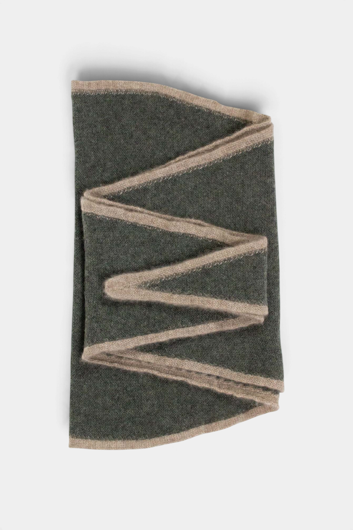 The Copper Shed Austen spindle-shaped dark green and beige organic cashmere scarf with a lightweight knit design.