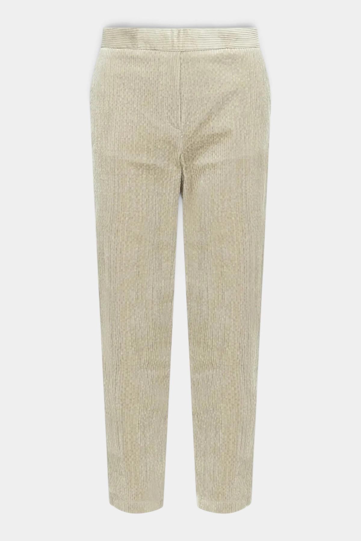 The Copper Shed Haiti cigarette pants in beige stretch cotton and modal corduroy with turn-up cuffs.