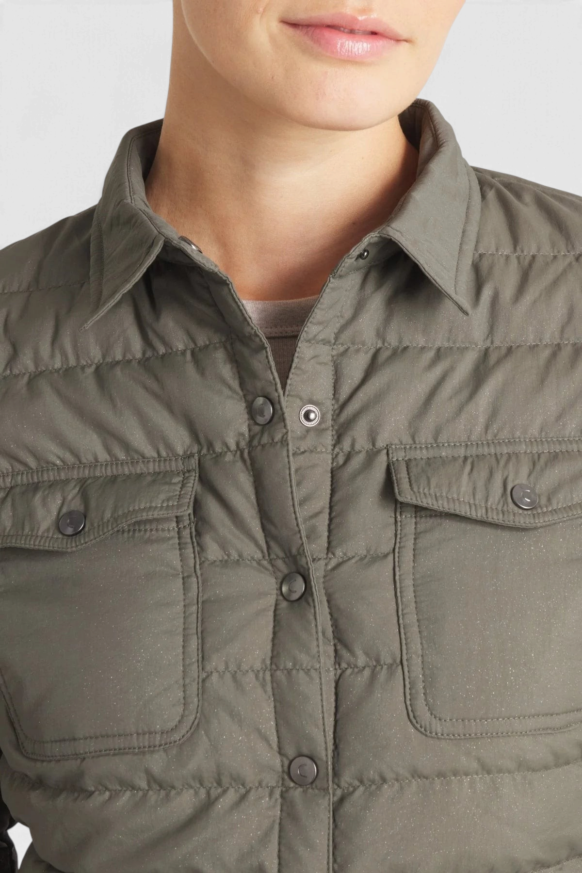 The Copper Shed Harrow matte olive green down shirt with snap buttons and dual chest pockets