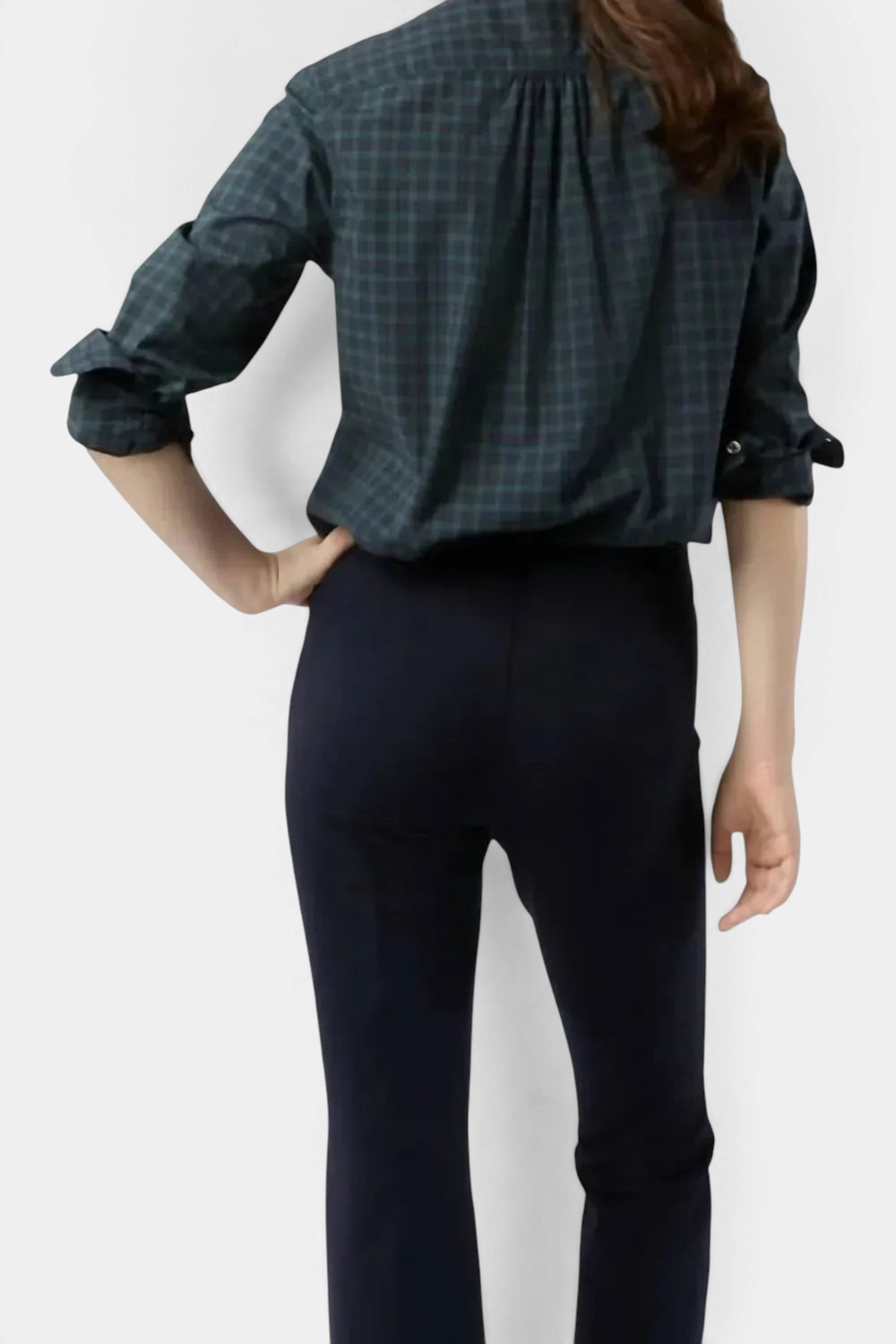 Back view of The Copper Shed Hattie shirt in Blackwatch tartan with a mandarin collar and gathered yoke details.
