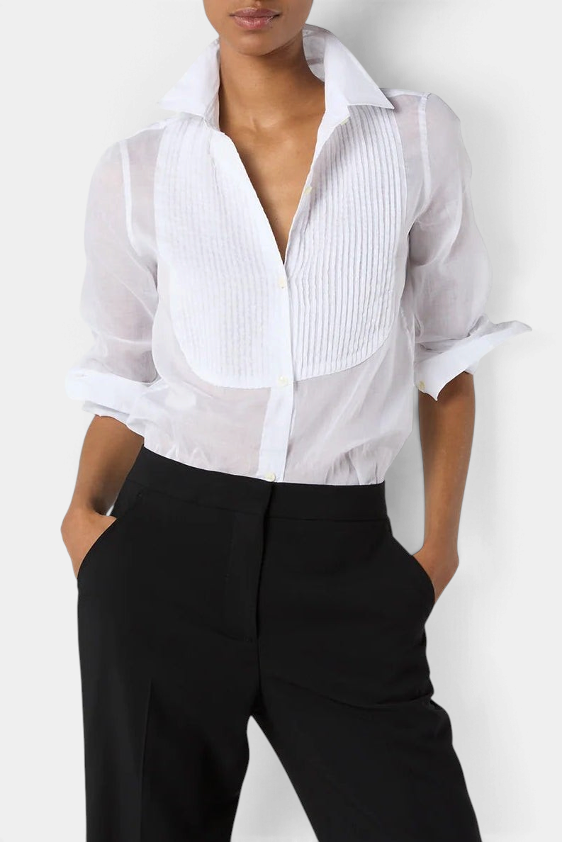 The Copper Shed Hattie shirt in white sheer Italian cotton organdy with a pleated bib front and classic collar.