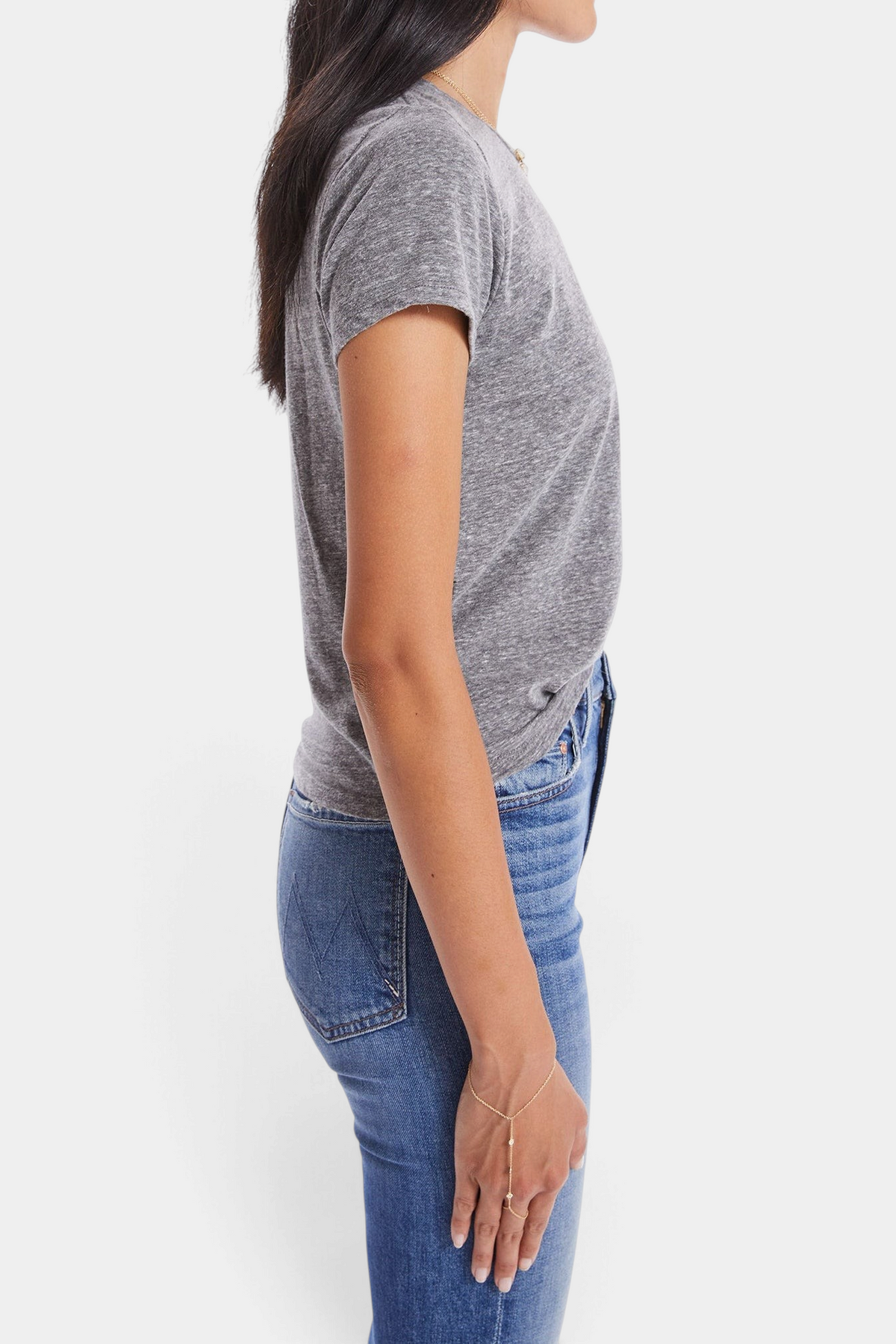 The Copper Shed heather grey crewneck t-shirt with a slim vintage fit, worn by a model in profile view.
