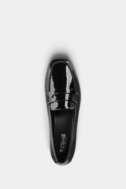 The Copper Shed Hema black patent leather loafers with a square toe and classic stitch detailing, top-down view.