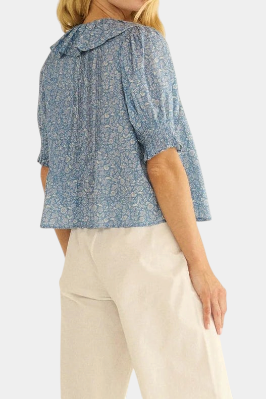 The Copper Shed Henri Top in blue Garden Bloom floral organic cotton voile with puffed sleeves and back pintucks