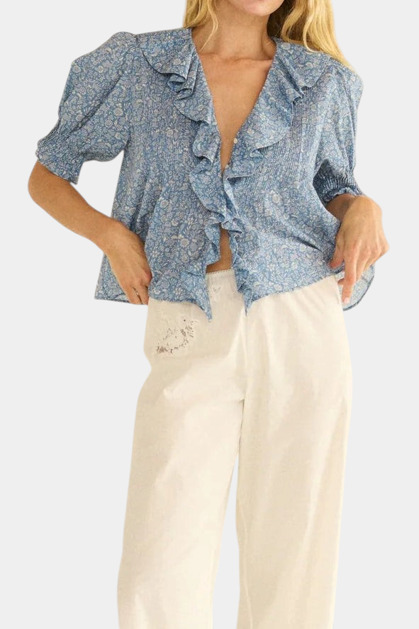 The Copper Shed Henri Top in blue Garden Bloom floral organic cotton voile with ruffled V-neck and puffed sleeves