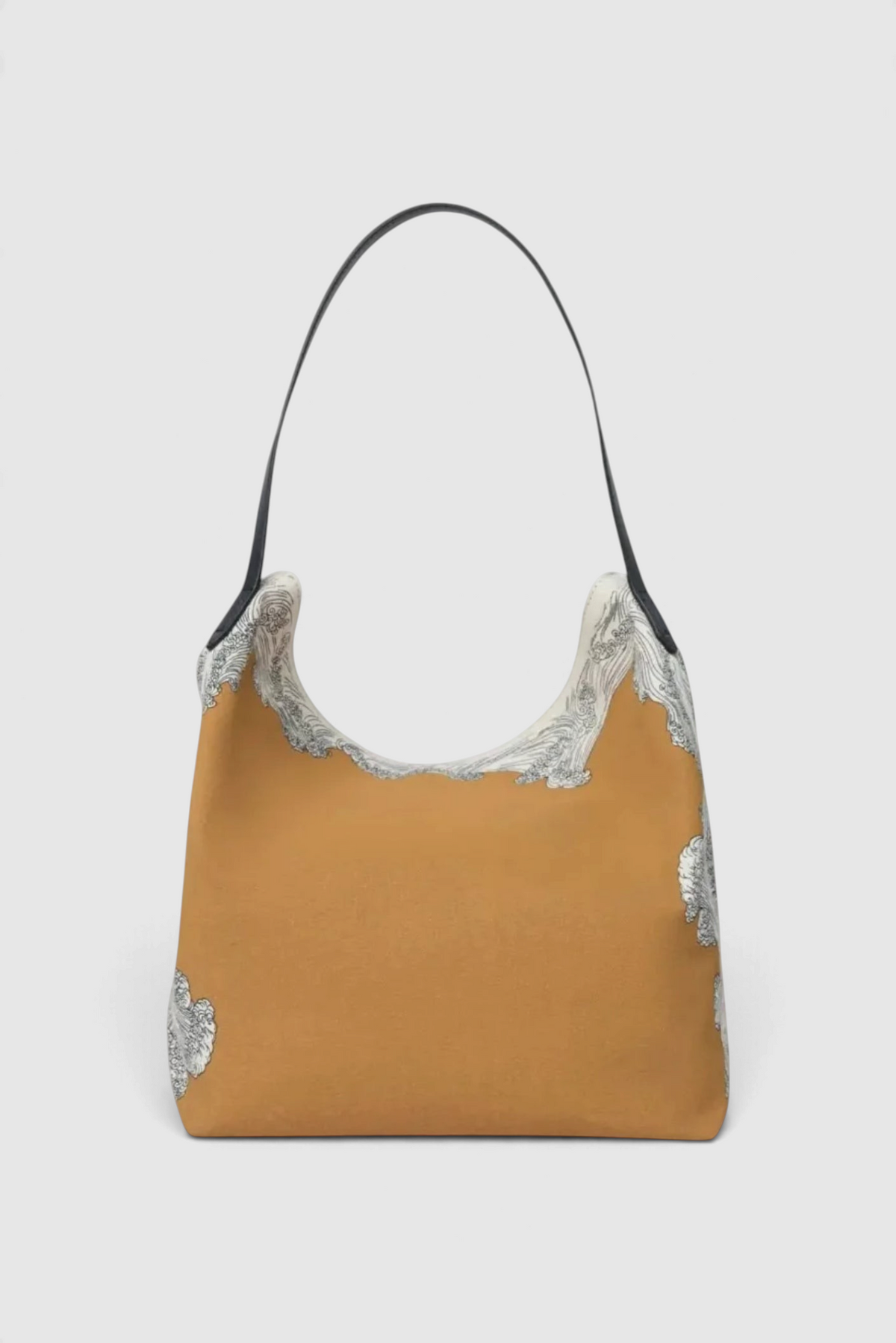 The Copper Shed Inoui Campus bag in mustard cotton with grey patterned edges and a slim black leather shoulder strap.