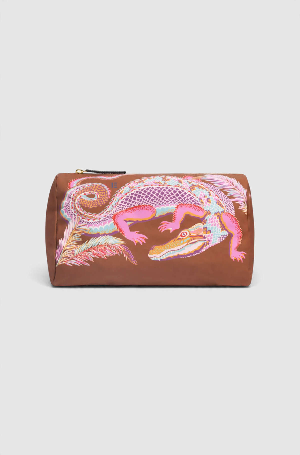 The Copper Shed Inoui Case in brown recycled polyester featuring a vibrant pink and blue crocodile print design.