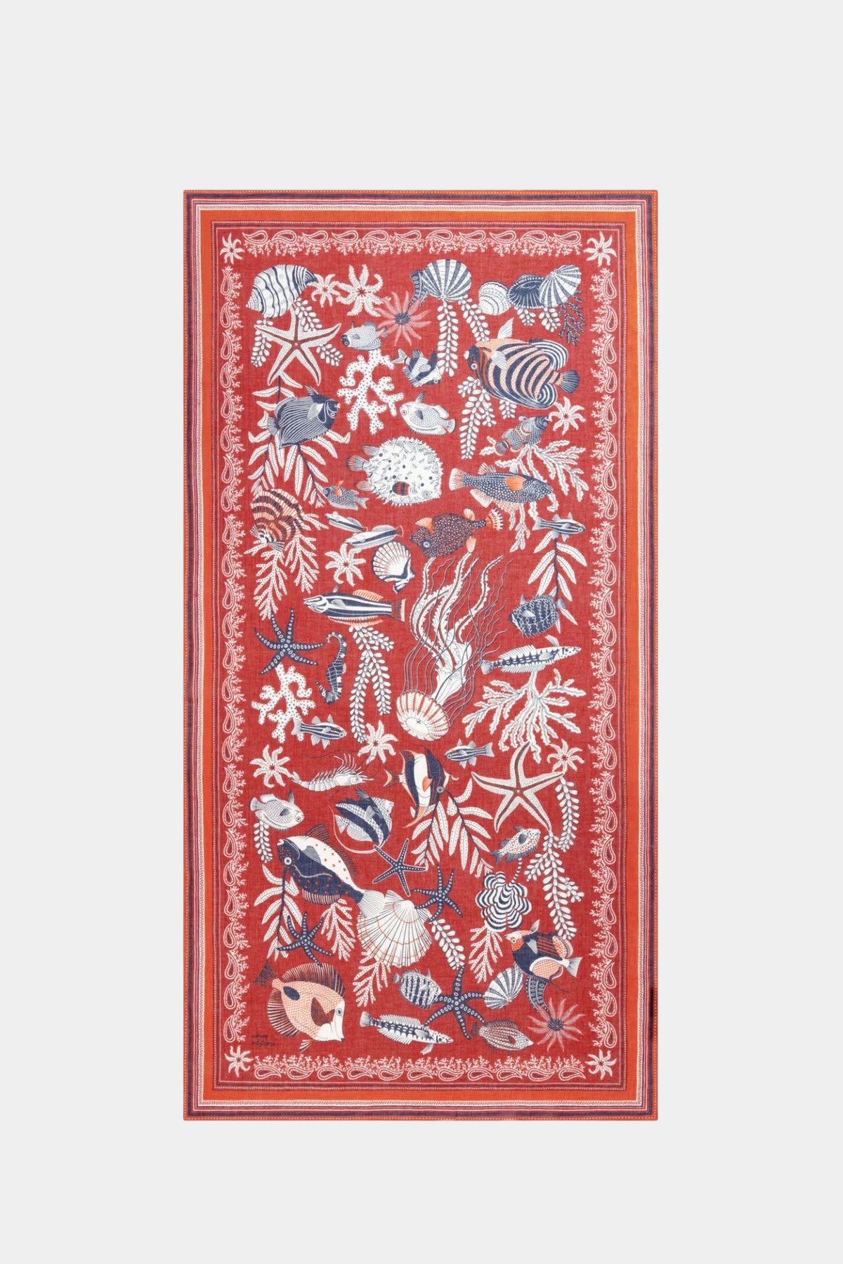 The Copper Shed Inoui Scarf 100 featuring a vibrant red background with intricate white and blue marine life print.