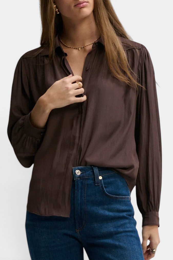 The Copper Shed Isla button down blouse in espresso Japanese satin with long sleeves and delicate yoke ruching.
