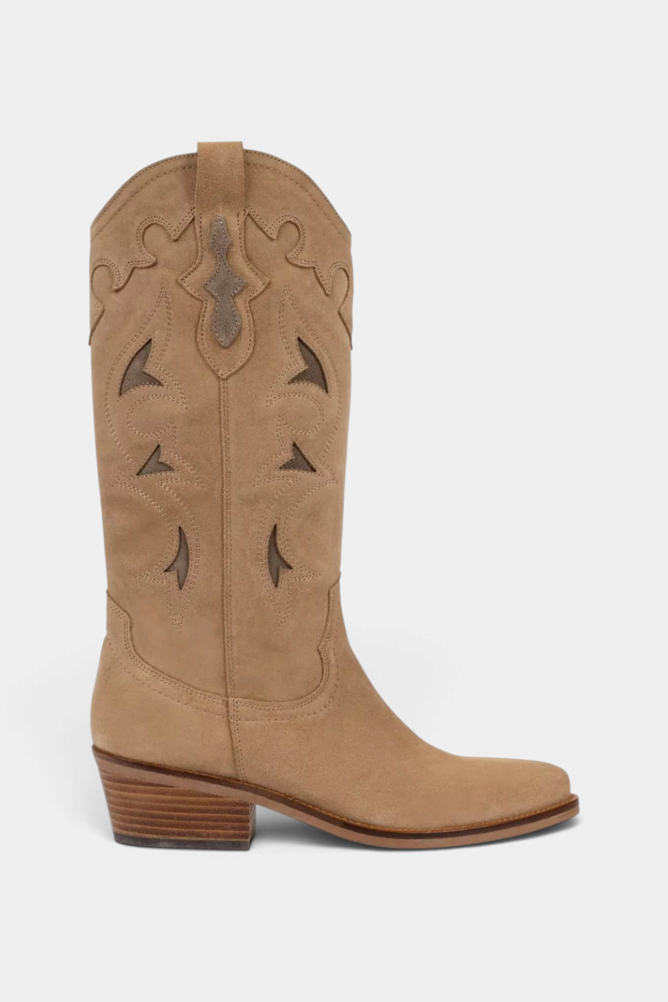 The Copper Shed Jolene Paloma taupe suede cowboy boot with die-cut detailing and a Cuban heel.