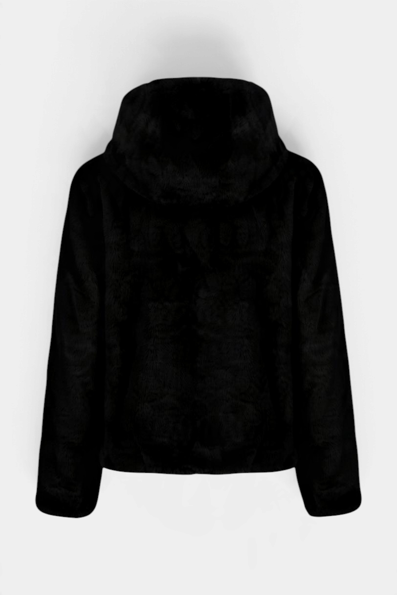 The Copper Shed Laila reversible hooded jacket in black faux fur, shown from the back with elasticated hem and cuffs.