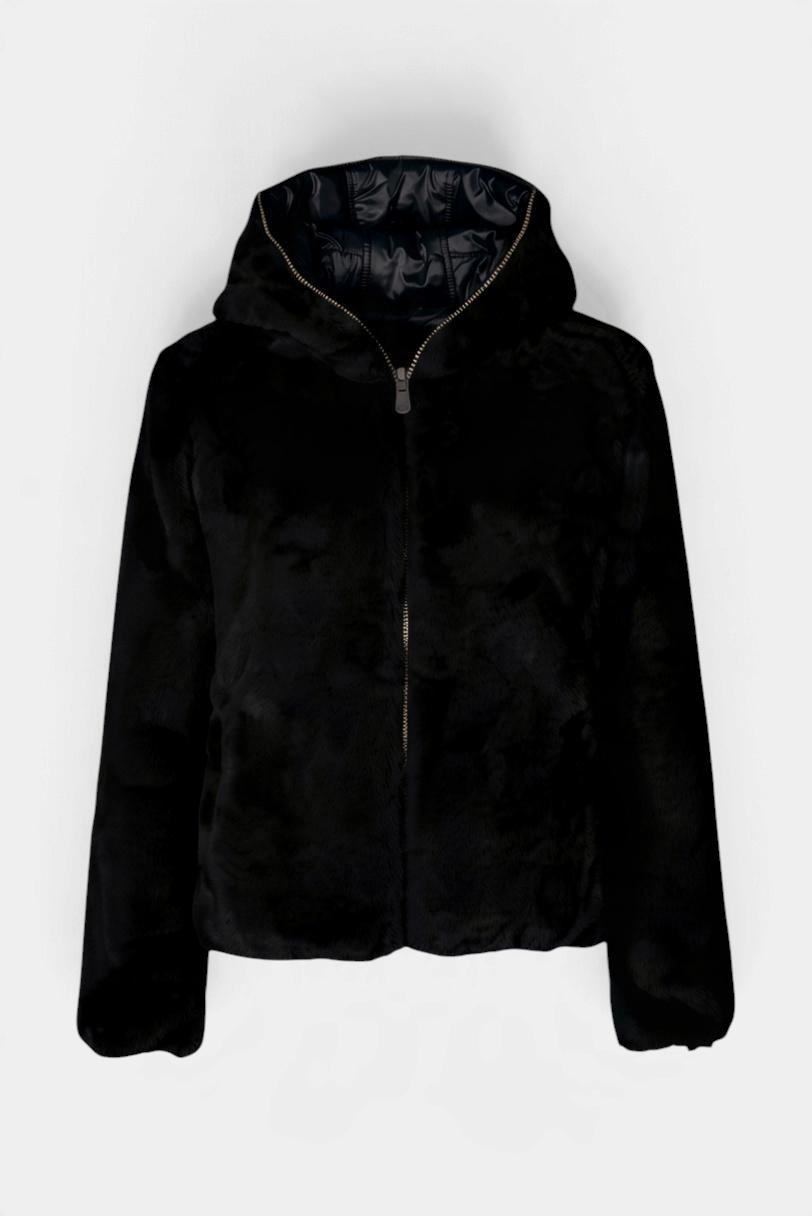 The Copper Shed Laila reversible black hooded jacket with soft faux fur and quilted texture details.