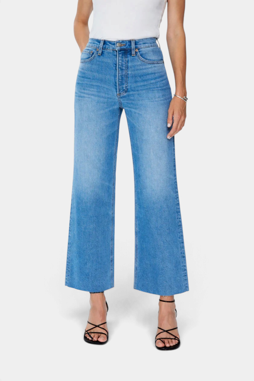 The Copper Shed Lana high rise ultra wide leg cropped jeans in a lived-in blue comfort stretch denim wash.