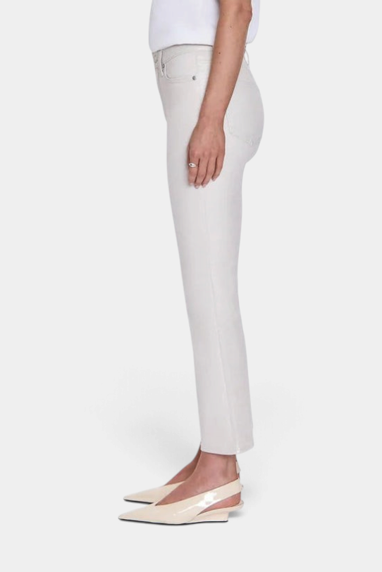 The Copper Shed Lennon high rise crop boot jeans in off-white comfort-stretch denim, side view on model
