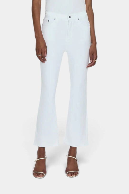 The Copper Shed Lennon high rise white comfort-stretch denim jeans with a cropped boot cut leg silhouette.