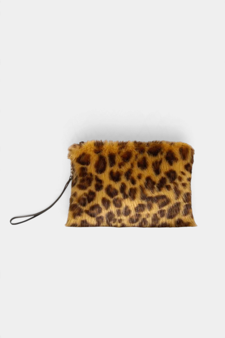 The Copper Shed leopard print faux fur clutch bag with a detachable black leather wrist strap