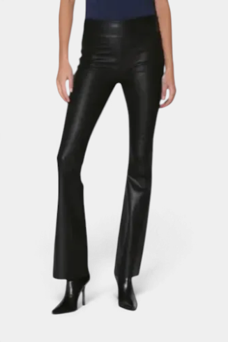 The Copper Shed Lexie black stretch leather pants featuring a mid-rise wide waistband and a flared leg silhouette.