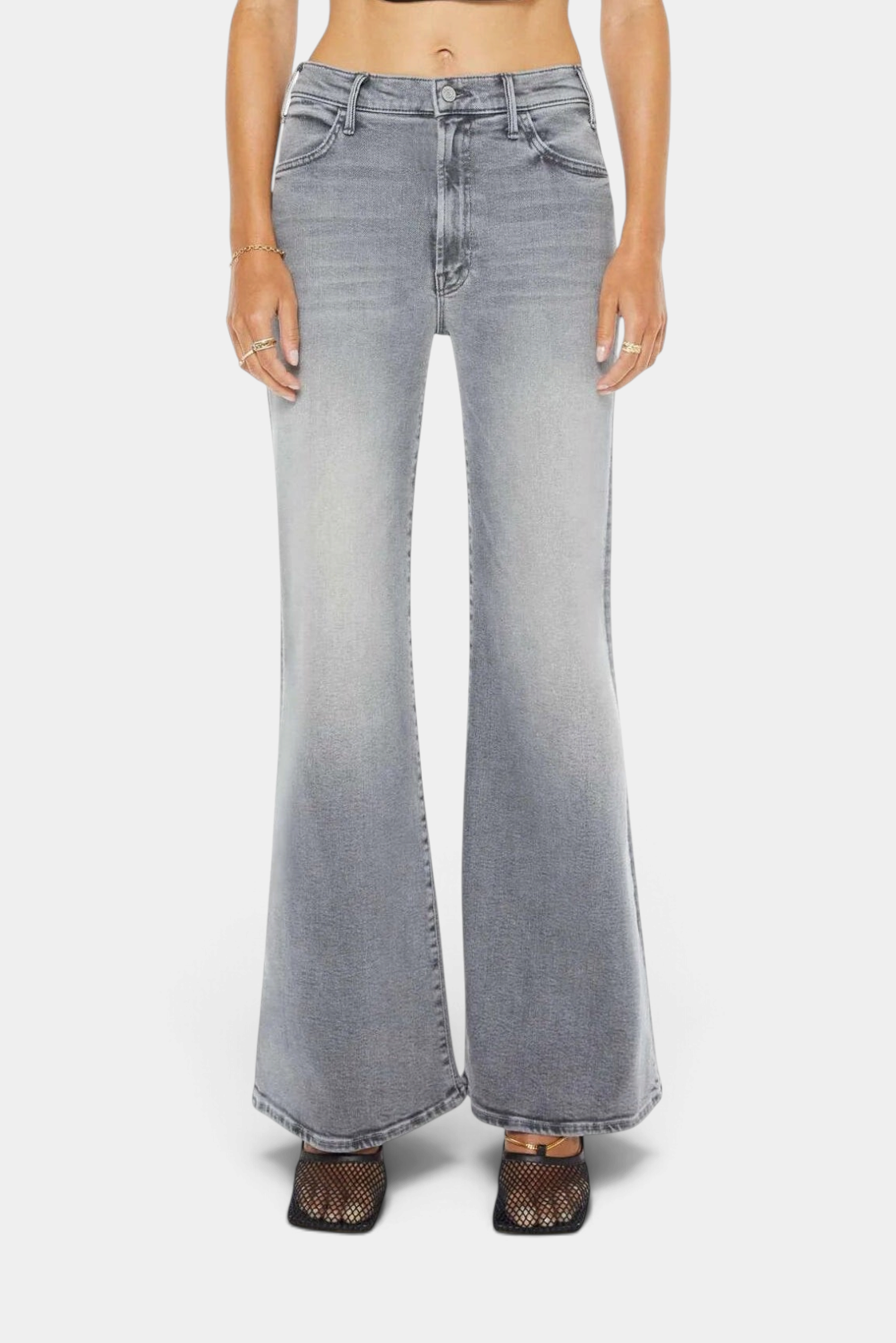 The Copper Shed The Hustler Roller Skimp light grey wide leg denim jeans with high rise and faded whiskering detail.