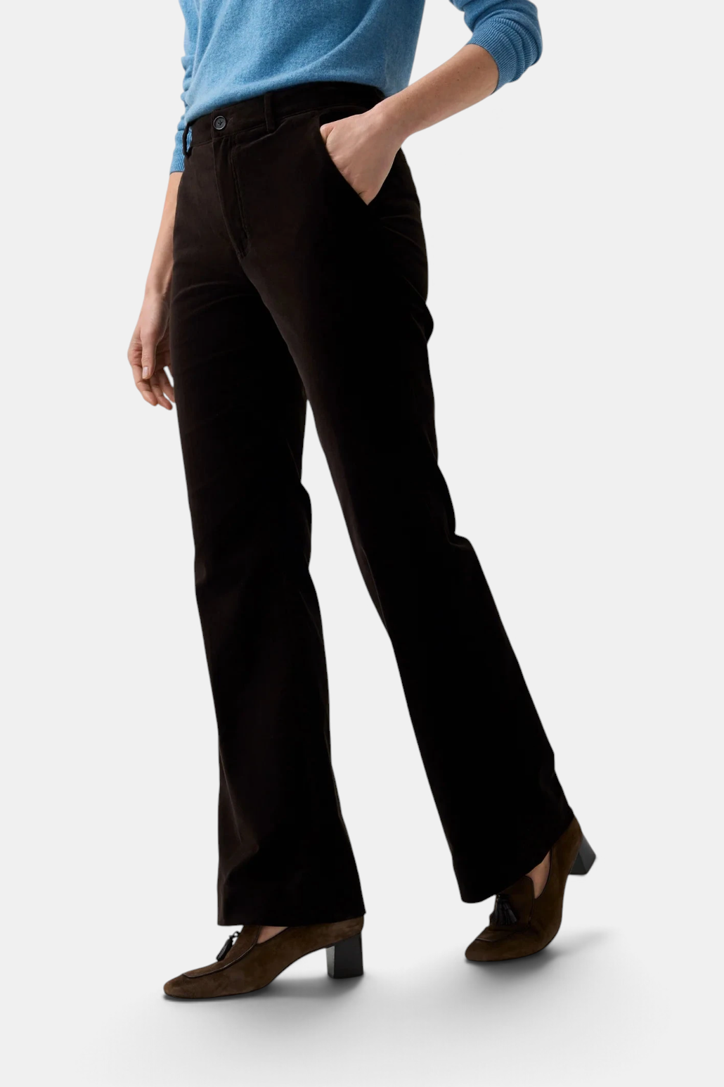 The Copper Shed Lindy high-rise slim fit trousers in black stretch cotton velveteen with front slash pockets.