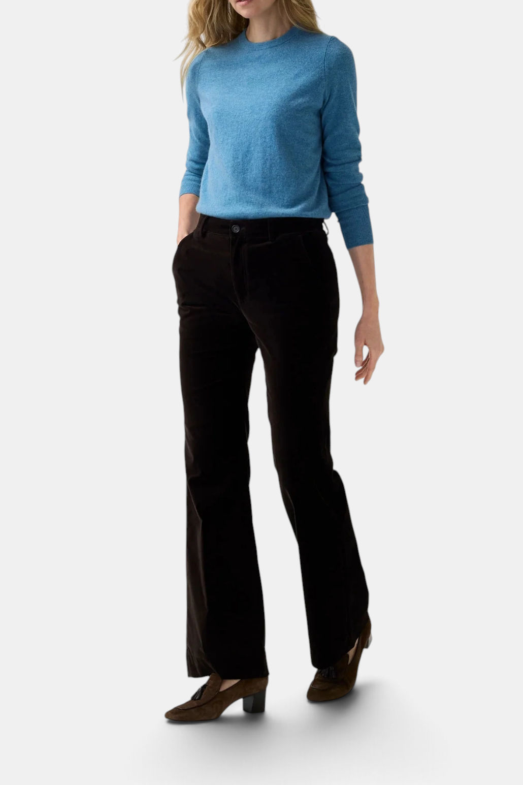 The Copper Shed Lindy high-rise slim fit trousers in dark brown stretch cotton velveteen with front slash pockets.