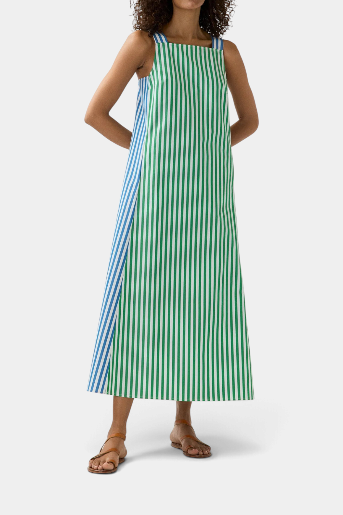 The Copper Shed Lise maxi dress in green and blue striped Italian cotton poplin with a square neckline and A-line fit.