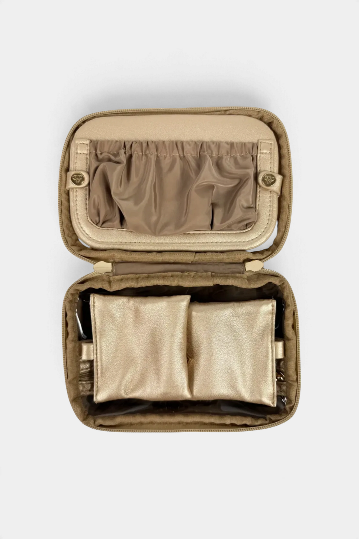 The Copper Shed Littmini lighted mirror case in metallic gold with internal storage pockets for beauty organization.