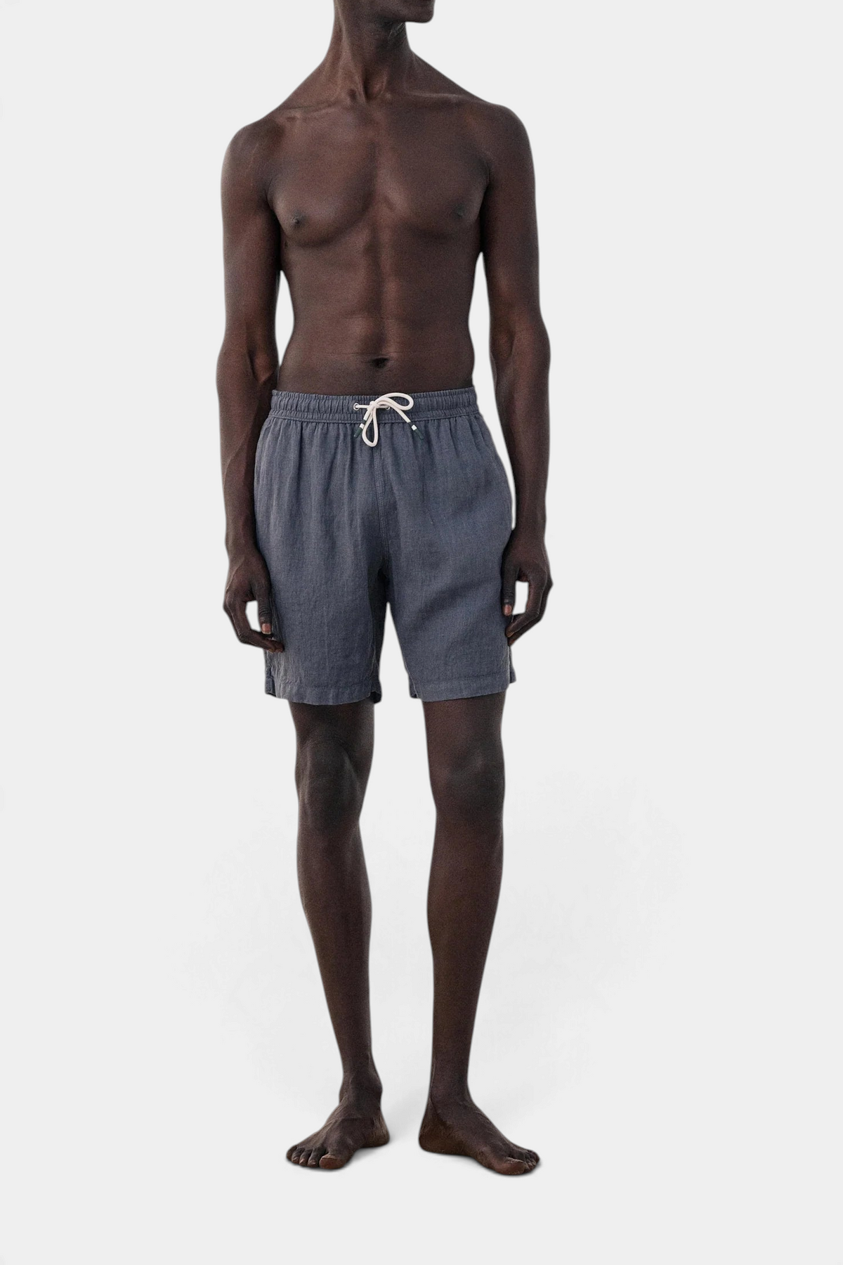 The Copper Shed men's long linen swim trunks in grey with an elastic drawstring waist and washed effect finish.