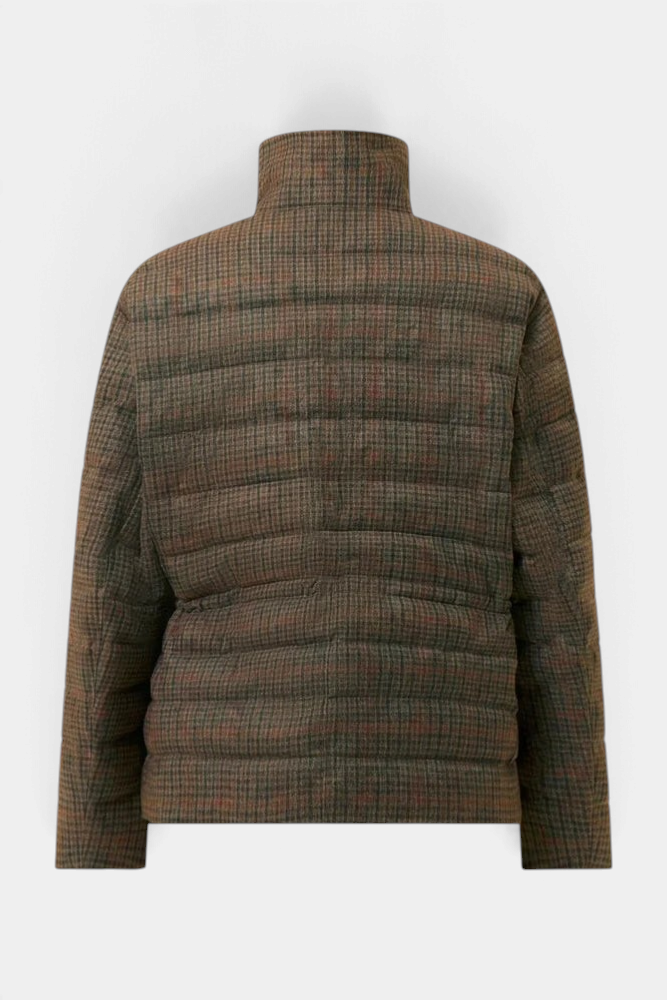 The Copper Shed Lottie women's brown houndstooth puffer jacket with a stand-up collar, back view.